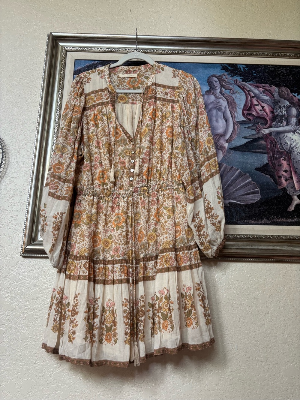 Spell Juniper Bohemian Floral Tiered Mini Dress - Cream & Brown